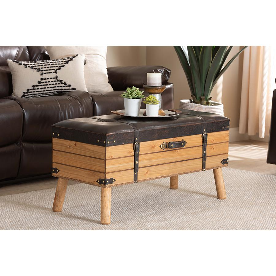 Dark Brown PU Leather Upholstered and Oak Finished Wood Large Storage Ottoman