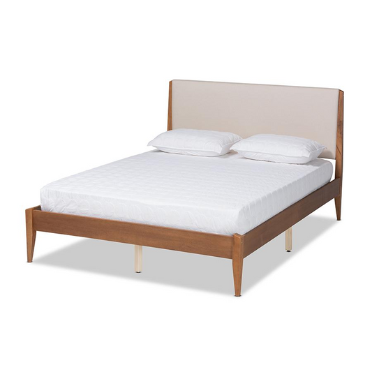 Beige Fabric Upholstered and Walnut Brown Finished Wood King Size Platform Bed