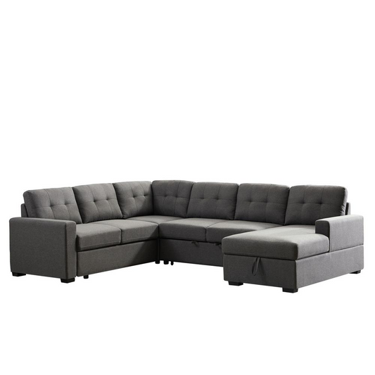 Selene Dark Gray Linen Fabric Sleeper Sectional Sofa with Storage Chaise