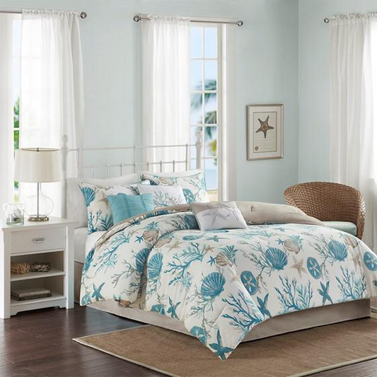 Madison Park Pebble Beach 7 Piece Cotton Sateen Comforter Set - Aqua, Teal, and Taupe Colors