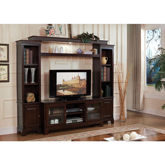 Halden Merlot Entertainment Center - Transitional Style, Shelf Bridge with Light, Plenty of Storage