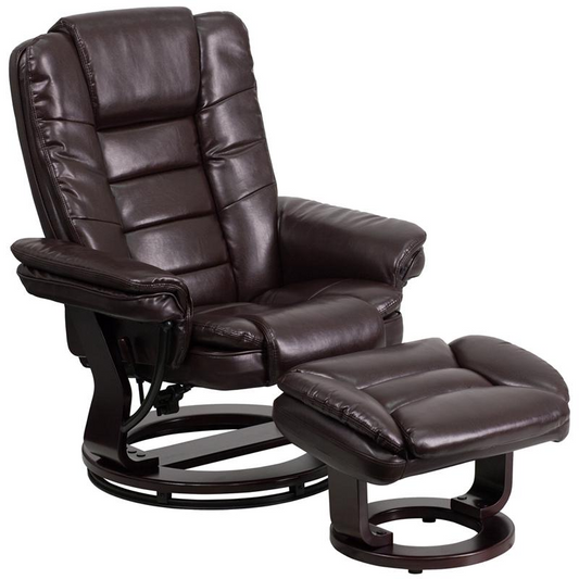 Contemporary Multi-Position Recliner with Ottoman and Swivel | Brown LeatherSoft