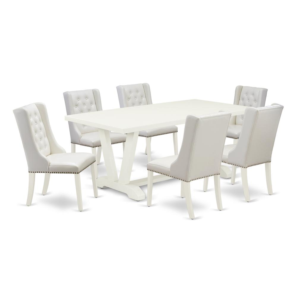 East West Furniture V027FO244-7 7-Pc Dining Set Contains 6 White Pu Leather Upholstered Dining Chairs Button Tufted with Nail heads and Modern Dining Room Table - Linen White Finish