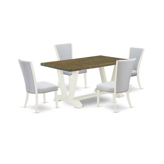 East West Furniture 5-Pc Dinette Set Consists of 4 Modern Chairs with Upholstered Seat and Stylish Back-Rectangular Wood Dining Table - Distressed Jacobean and Wirebrushed Linen White Finish