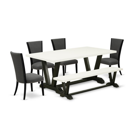 East West Furniture V627VE650-6 6 Piece Dining Set - 4 Dark Gotham Grey Linen Fabric Dining Room Chairs with Nailheads and Linen White Wooden Table - 1 Dining Bench - Black Finish