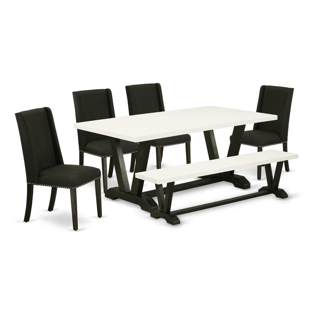 East West Furniture 6-Piece Kitchen Dining Table Set-Black Linen Fabric Seat and High Stylish Chair Back Upholstered Dining chairs, A Rectangular Bench and Rectangular Top Kitchen Table with Solid Woo