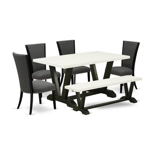 East West Furniture V626VE650-6 6 Piece Mid Century Dining Set - 4 Dark Gotham Grey Linen Fabric Modern Chair with Nailheads and Linen White Dining Table - 1 Dining Room Bench - Black Finish