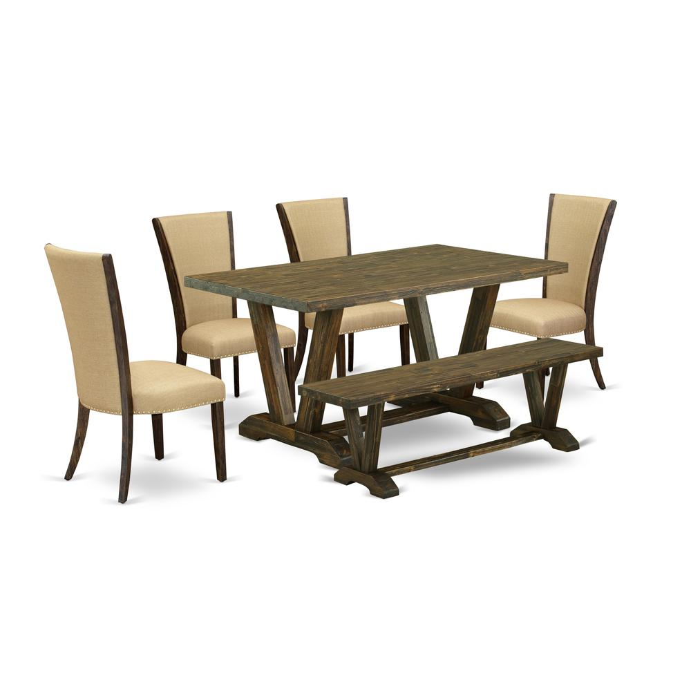 East West Furniture V776VE703-6 6 Piece Dinette Set - 4 Brown Linen Fabric Modern Chair with Nailheads and Distressed Jacobean Wood Table - 1 Dining Room Bench - Distressed Jacobean Finish