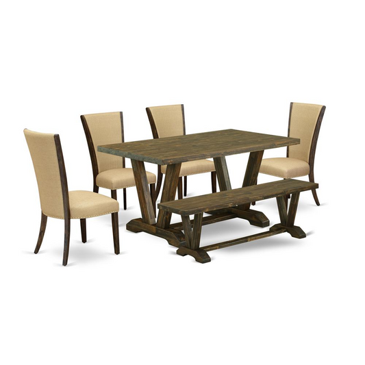 East West Furniture V776VE703-6 6 Piece Dinette Set - 4 Brown Linen Fabric Modern Chair with Nailheads and Distressed Jacobean Wood Table - 1 Dining Room Bench - Distressed Jacobean Finish