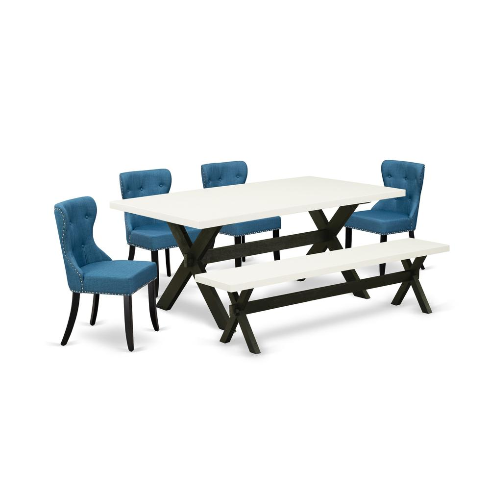 East West Furniture X627SI121-6 6-Piece Dining Room Table Set- 4 Padded Parson Chairs with Blue Linen Fabric Seat and Button Tufted Chair Back - Rectangular Top & Wooden Cross Legs Dining Room Table a