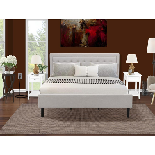 FN08K-2DE05 3-Pc Platform King Size Bedroom Set with 1 Bed Frame and 2 Nightstands - Mist Beige Linen Fabric