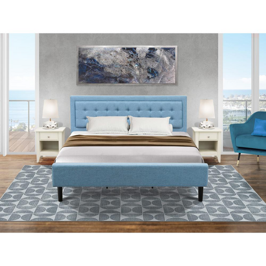 FN11K-2GA0C 3-Piece Platform King Bedroom Set - Denim Blue Linen Fabric