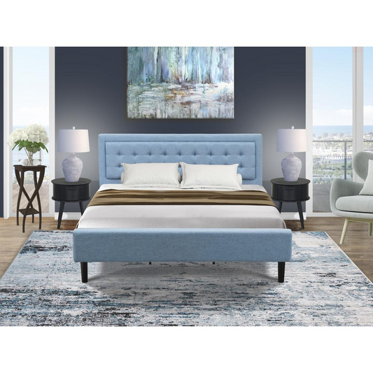 FN11K-2GO15 3-Piece Platform King Size Bedroom Set with 1 King Size Frame and 2 End Tables for bedroom - Denim Blue Linen Fabric