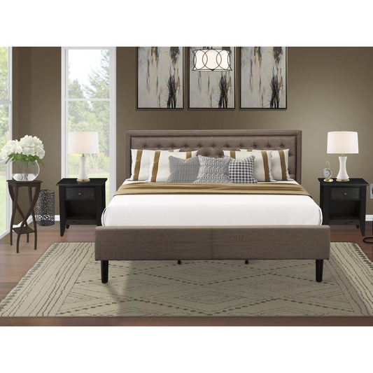 KD18K-2GA06 3 Piece Bedroom Set - King Size Bed Brown Headboard with 2 Wooden Night Stand - Black Finish Legs