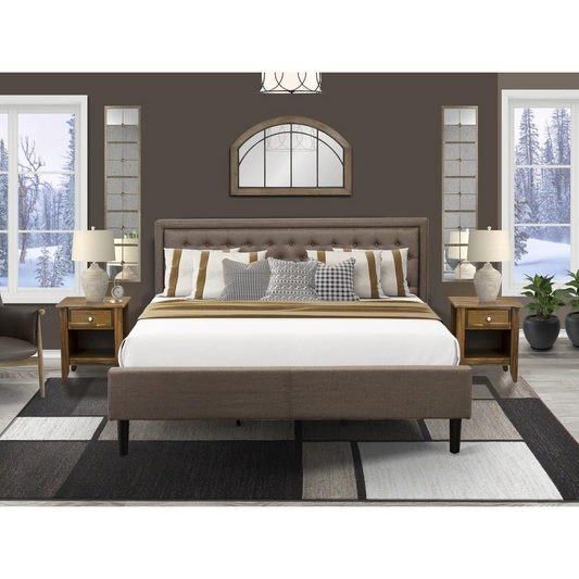 KD18K-2GA08 3 Piece Bedroom Set - King Platform Bed Brown Headboard with 2 Night Stand - Black Finish Legs