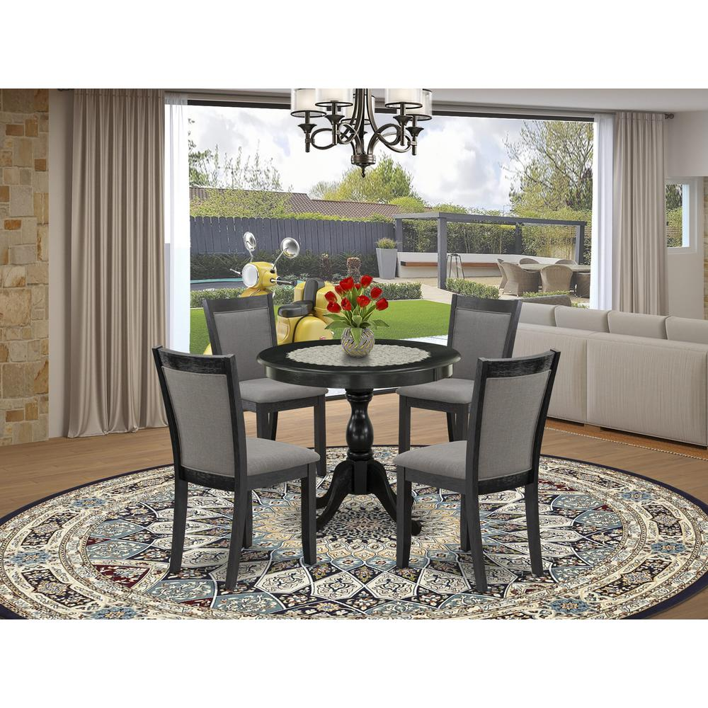 East West Furniture 5-Piece Dining Room Table Set Contains a Modern Dining Room Table and 4 Baby Blue Linen Fabric Dining Chairs - Wire Brushed Black Finish