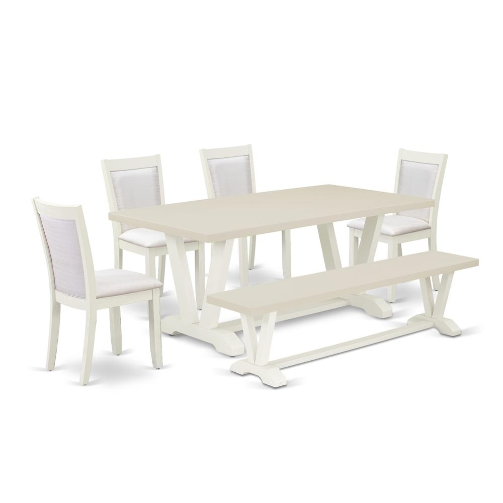 East West Furniture 6-Pc Modern Dining Set Includes a Dinner Table - 4 Cream Linen Fabric Padded Chairs with Stylish Back and a Dining Room Bench - Wire Brushed Linen White Finish