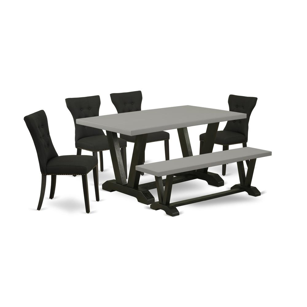 East West Furniture 6 Pc Dining Room Set Contains a Cement Rectangular Table and a Modern Bench, 4 Black Linen Fabric Dining Chairs with Button Tufted Back - Wire Brushed Black Finish