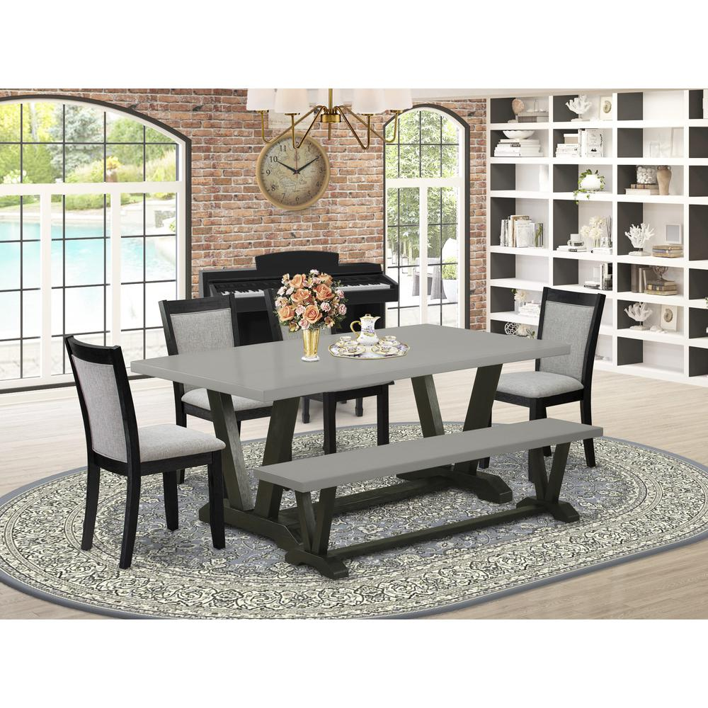 East West Furniture 6 Piece Modern Dining Set - Cement Top Dinning Table with a Kitchen Bench and 4 Shitake Linen Fabric Upholstered Parson Chairs - Wire Brushed Black Finish