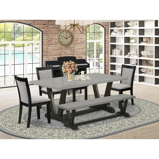 East West Furniture 6 Piece Modern Dining Set - Cement Top Dinning Table with a Kitchen Bench and 4 Shitake Linen Fabric Upholstered Parson Chairs - Wire Brushed Black Finish