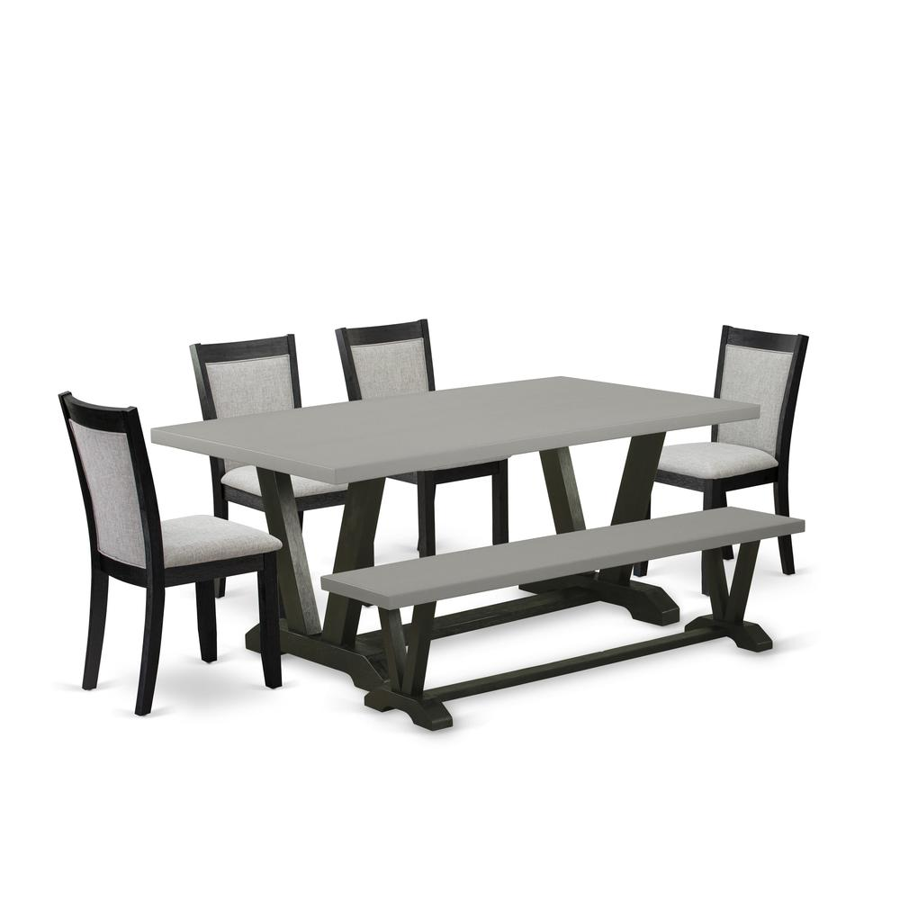 East West Furniture 6 Piece Modern Dining Set - Cement Top Dinning Table with a Kitchen Bench and 4 Shitake Linen Fabric Upholstered Parson Chairs - Wire Brushed Black Finish