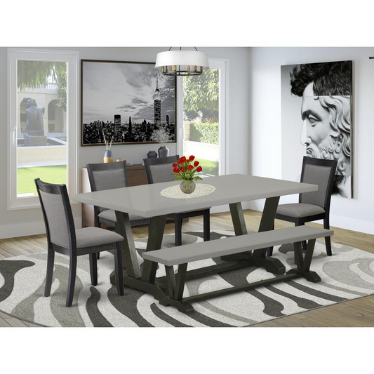 East West Furniture 6 Pc Dinner Table Set - Cement Top Modern Dining Table with a Wooden Bench and 4 Dark Gotham Grey Linen Fabric Upholstered Dining Chairs - Wire Brushed Black Finish