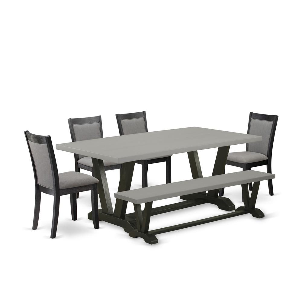 East West Furniture 6 Pc Dinner Table Set - Cement Top Modern Dining Table with a Wooden Bench and 4 Dark Gotham Grey Linen Fabric Upholstered Dining Chairs - Wire Brushed Black Finish