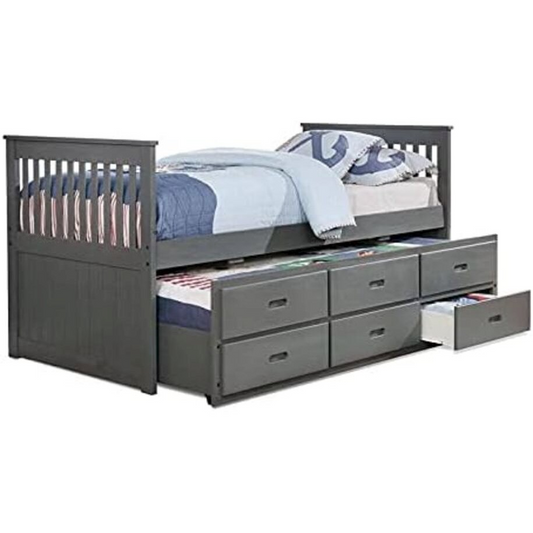 Hugo Twin Over Twin Trundle Bed with 3 Drawers - Grey - Space-saving Design, Solid Wood Construction