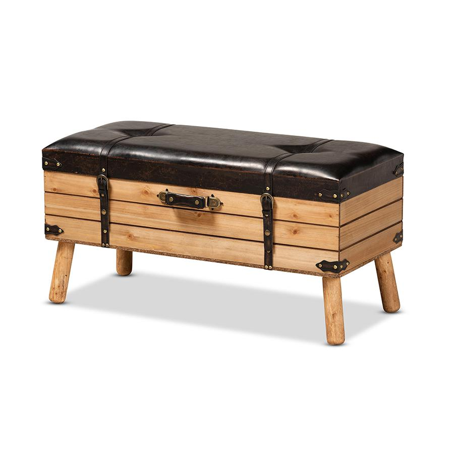 Dark Brown PU Leather Upholstered and Oak Finished Wood Large Storage Ottoman