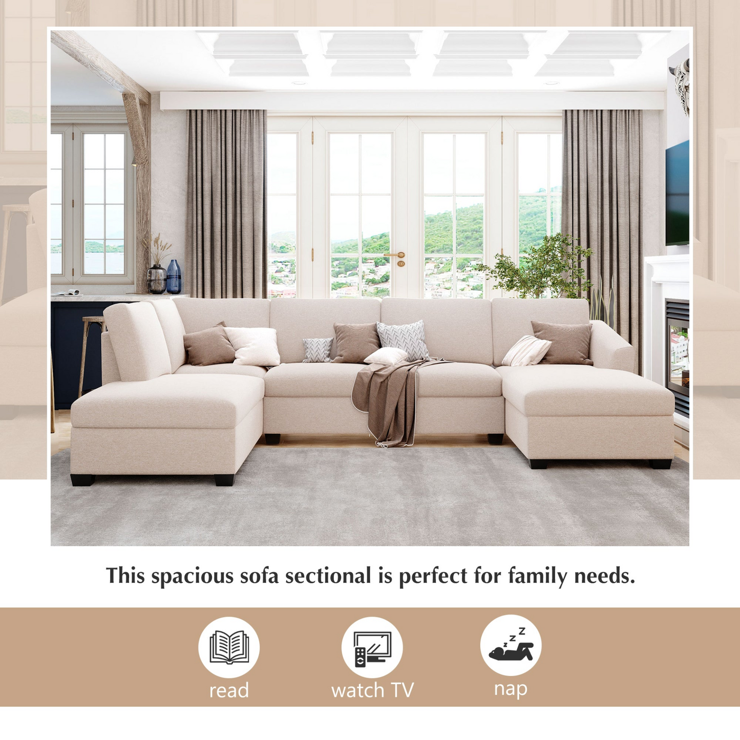 Modern Large U-Shape Sectional Sofa, Double Extra Wide Chaise Lounge Couch, Beige