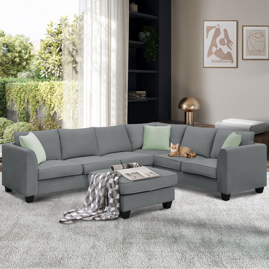 112*87" Sectional Sofa Couches Living Room Sets, 7 Seats Modular Sectional Sofa with Ottoman, L Shape Fabric Sofa Corner Couch Set with 3 Pillows, Grey