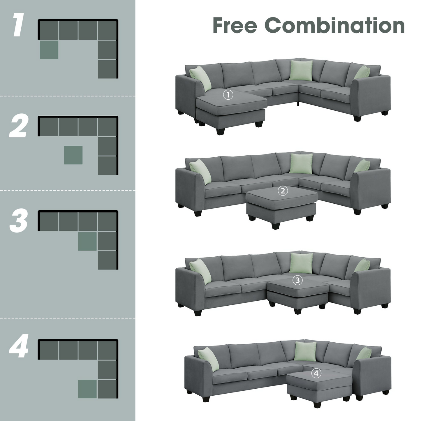 112*87" Sectional Sofa Couches Living Room Sets, 7 Seats Modular Sectional Sofa with Ottoman, L Shape Fabric Sofa Corner Couch Set with 3 Pillows, Grey