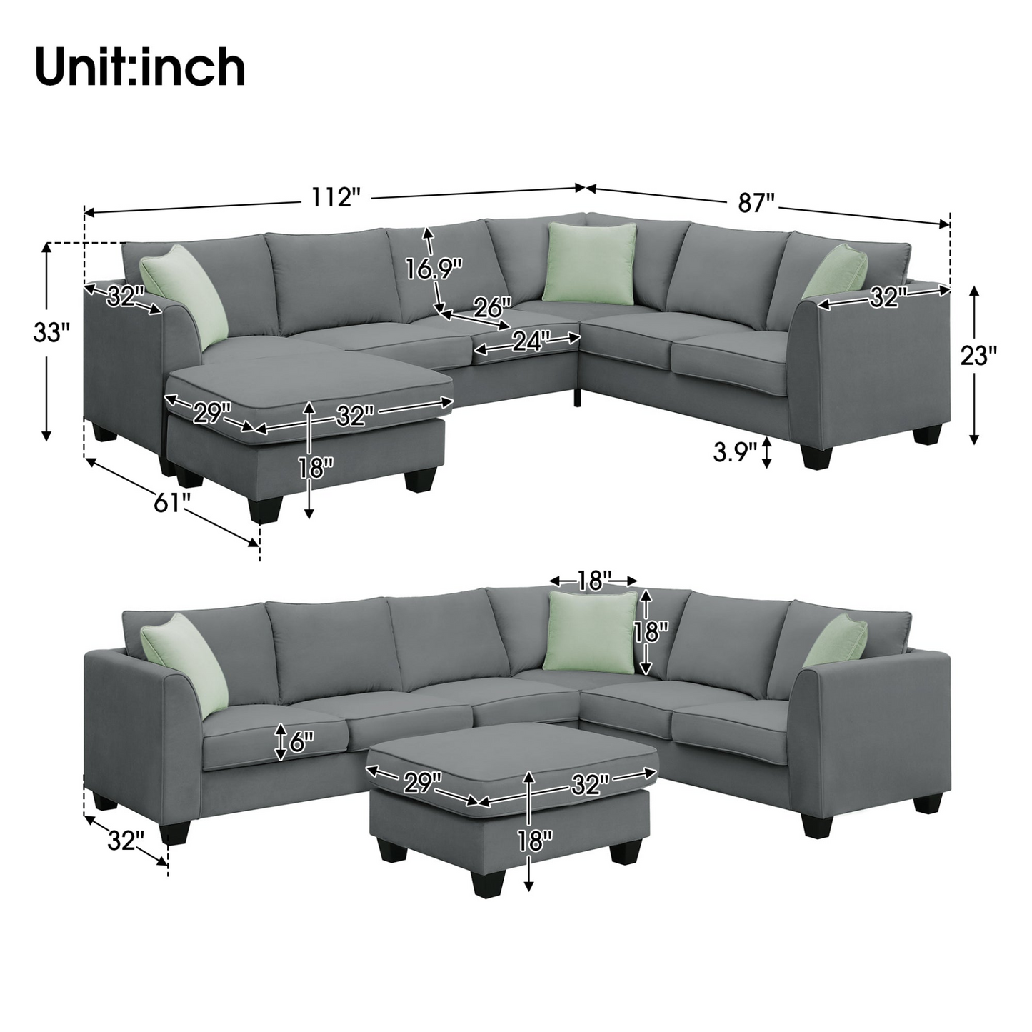 112*87" Sectional Sofa Couches Living Room Sets, 7 Seats Modular Sectional Sofa with Ottoman, L Shape Fabric Sofa Corner Couch Set with 3 Pillows, Grey