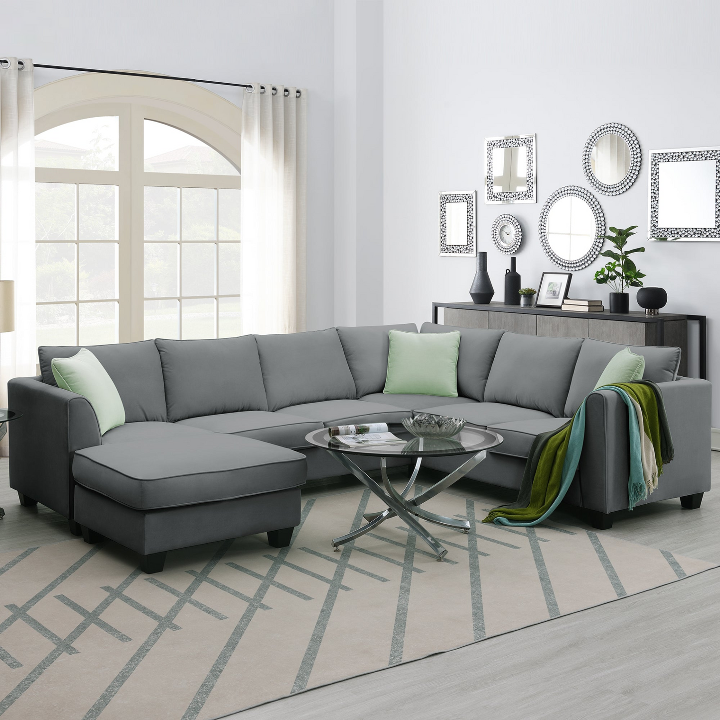 112*87" Sectional Sofa Couches Living Room Sets, 7 Seats Modular Sectional Sofa with Ottoman, L Shape Fabric Sofa Corner Couch Set with 3 Pillows, Grey