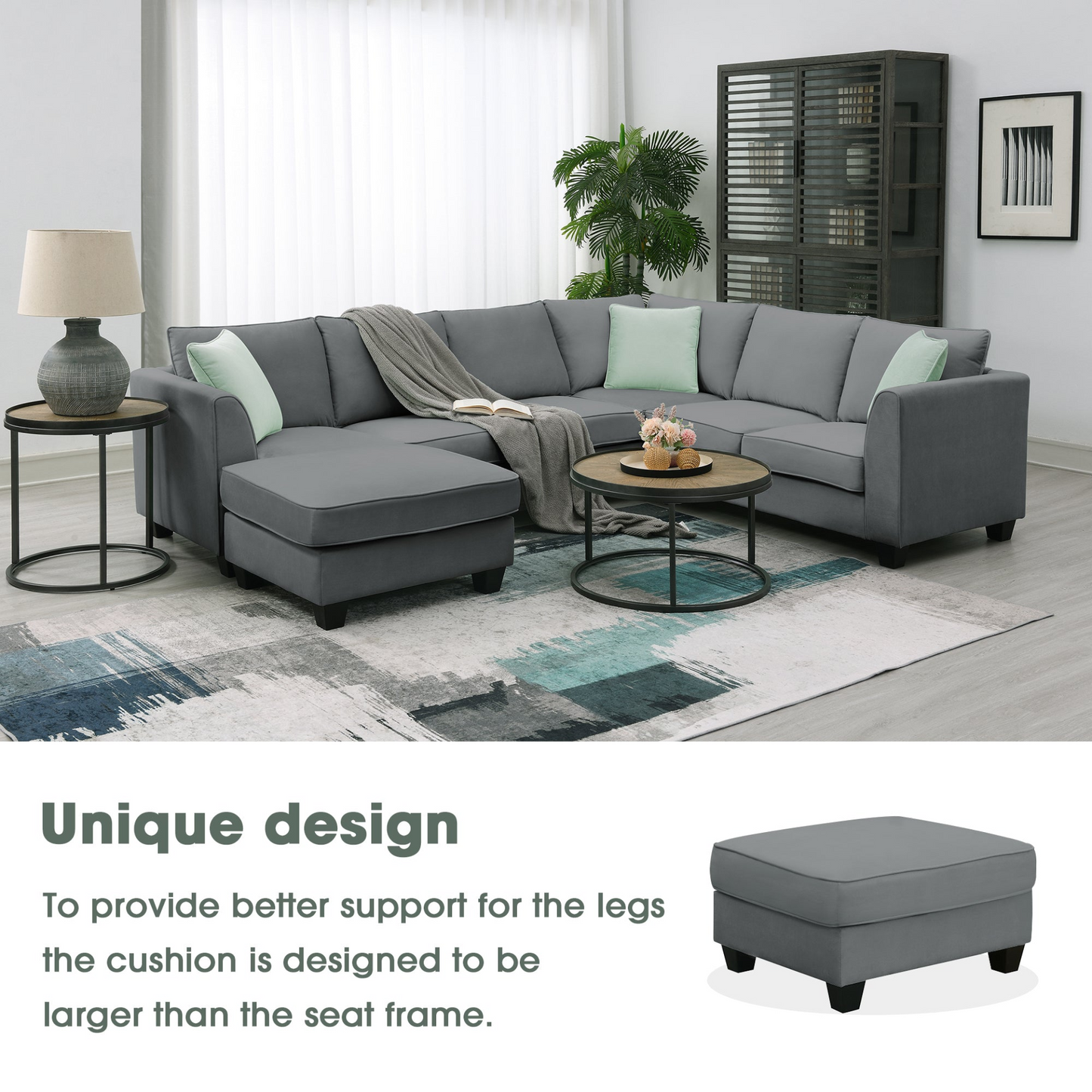 112*87" Sectional Sofa Couches Living Room Sets, 7 Seats Modular Sectional Sofa with Ottoman, L Shape Fabric Sofa Corner Couch Set with 3 Pillows, Grey