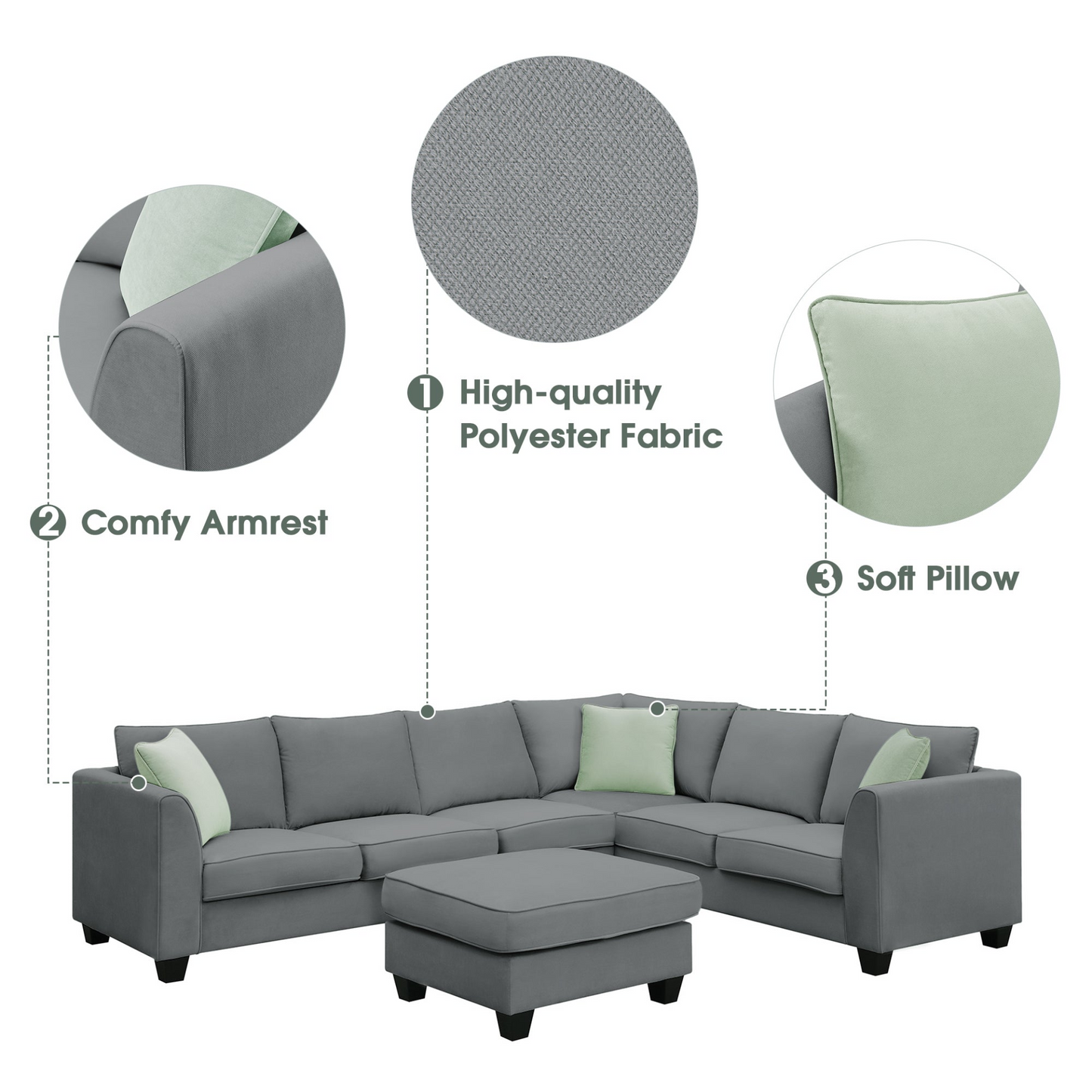 112*87" Sectional Sofa Couches Living Room Sets, 7 Seats Modular Sectional Sofa with Ottoman, L Shape Fabric Sofa Corner Couch Set with 3 Pillows, Grey