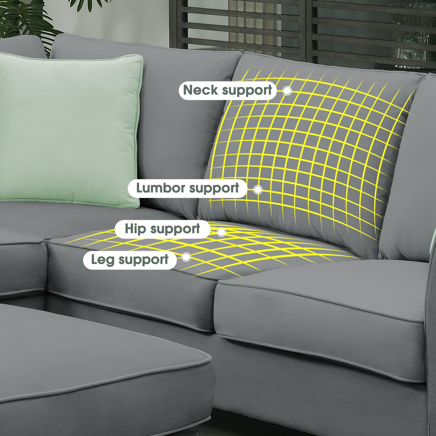 112*87" Sectional Sofa Couches Living Room Sets, 7 Seats Modular Sectional Sofa with Ottoman, L Shape Fabric Sofa Corner Couch Set with 3 Pillows, Grey