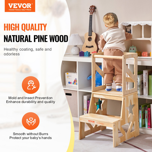 VEVOR Toddler Step Stool - Natural Pine Wood Kids Kitchen Stool Helper with Safety Rail, Standing Tower Learning Stool