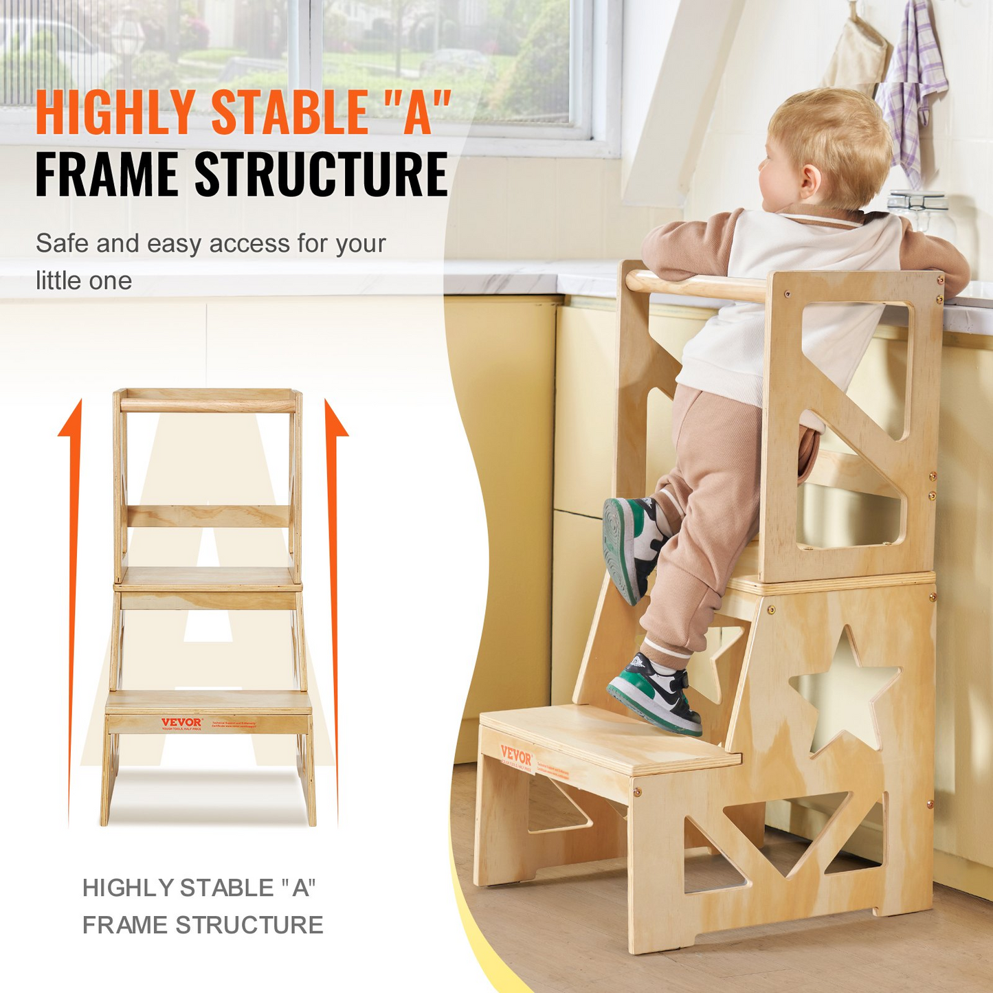 VEVOR Toddler Step Stool - Natural Pine Wood Kids Kitchen Stool Helper with Safety Rail, Standing Tower Learning Stool