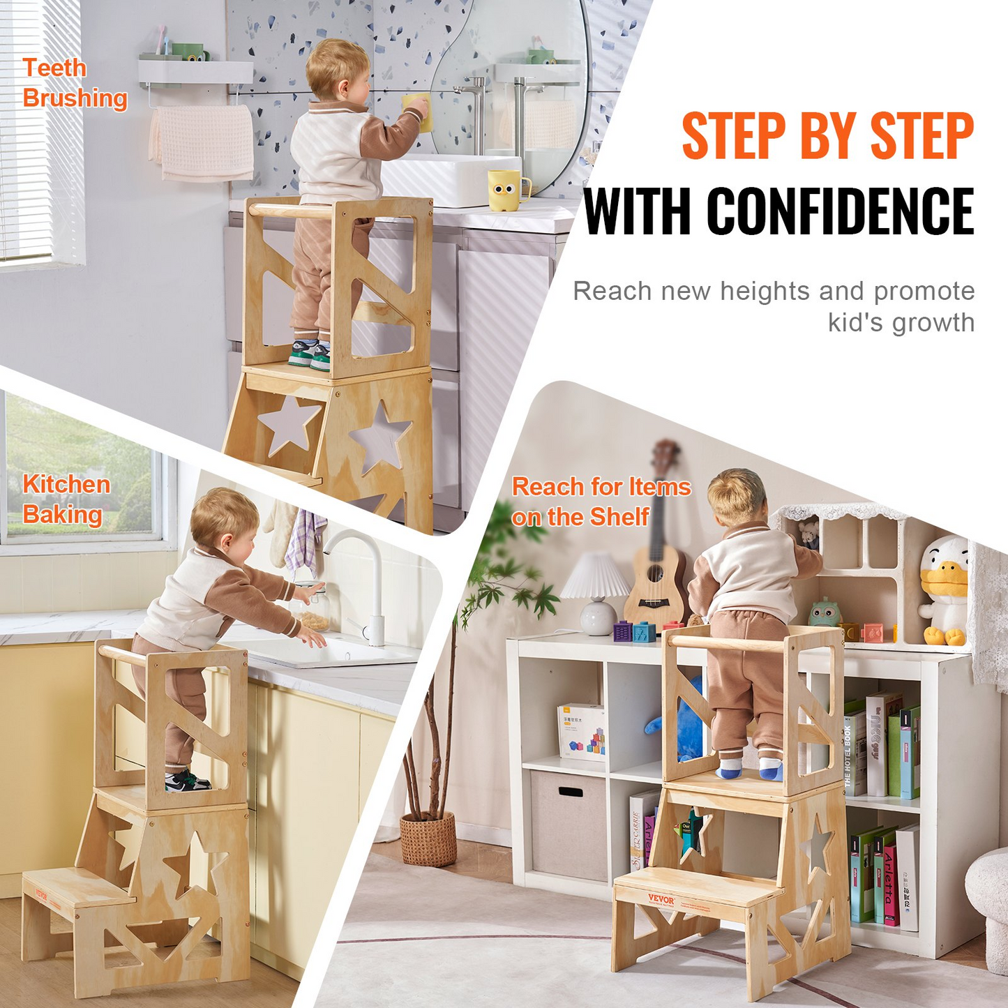 VEVOR Toddler Step Stool - Natural Pine Wood Kids Kitchen Stool Helper with Safety Rail, Standing Tower Learning Stool