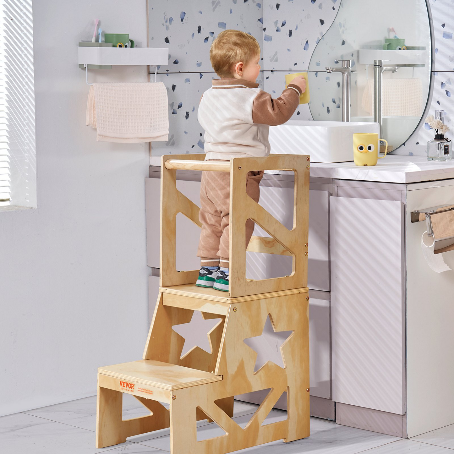 VEVOR Toddler Step Stool - Natural Pine Wood Kids Kitchen Stool Helper with Safety Rail, Standing Tower Learning Stool