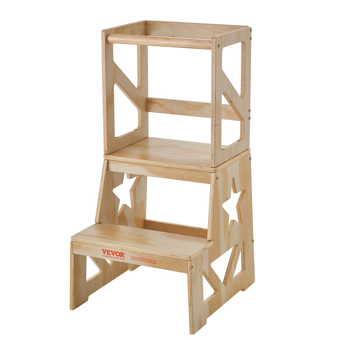 VEVOR Toddler Step Stool - Natural Pine Wood Kids Kitchen Stool Helper with Safety Rail, Standing Tower Learning Stool