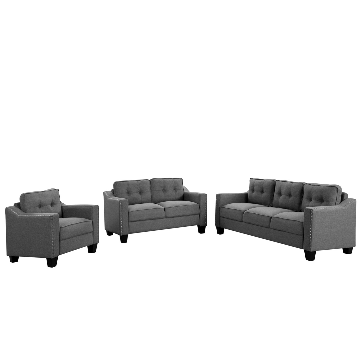 3 Piece Living Room Set with tufted cushions.