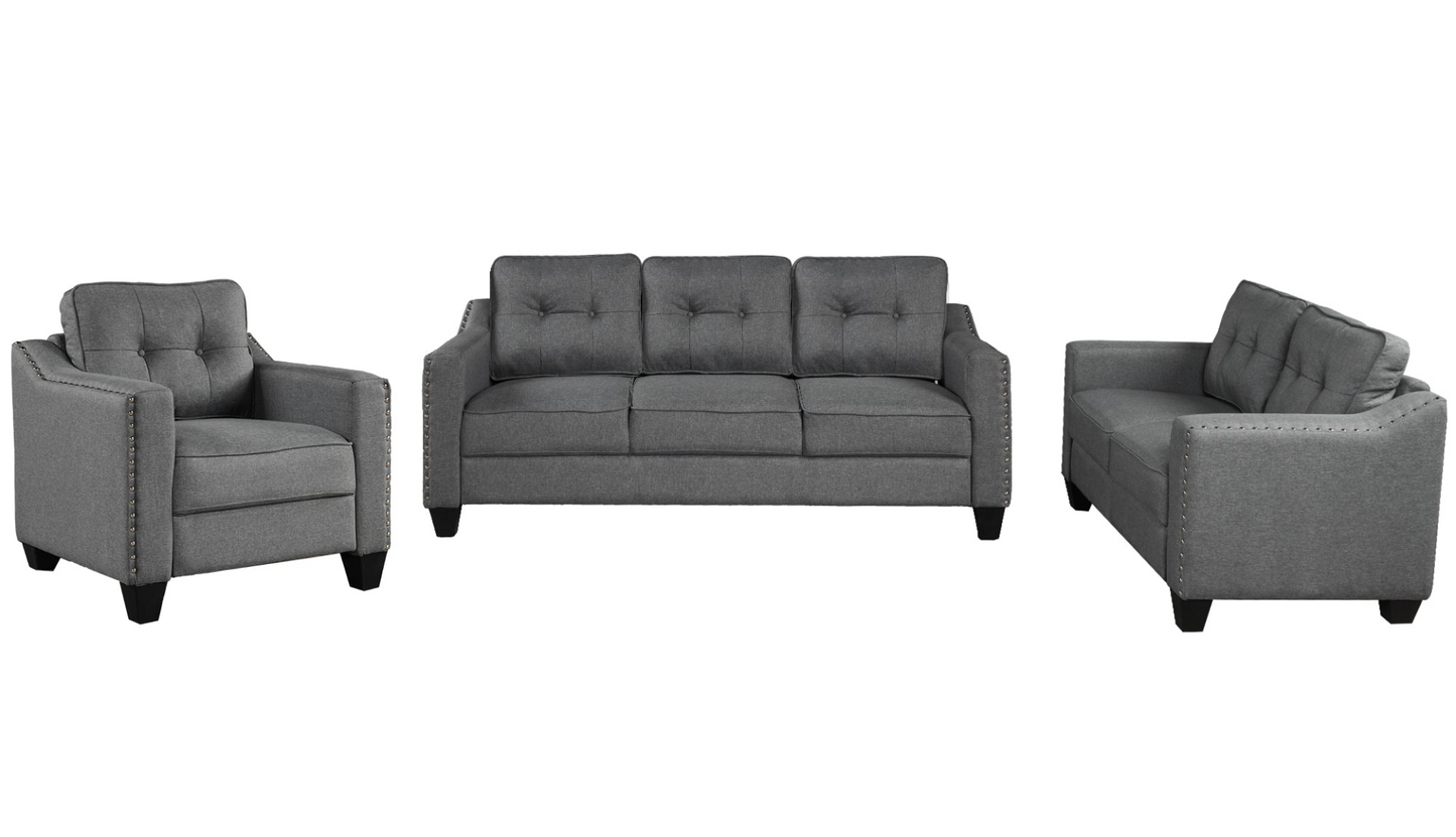 3 Piece Living Room Set with tufted cushions.