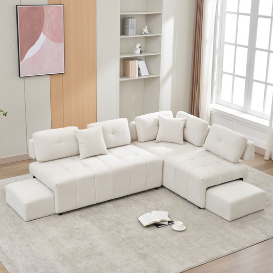 91.73" L-shaped Sofa Sectional Sofa Couch with 2 Stools and 2 Lumbar Pillows for Living Room, Beige