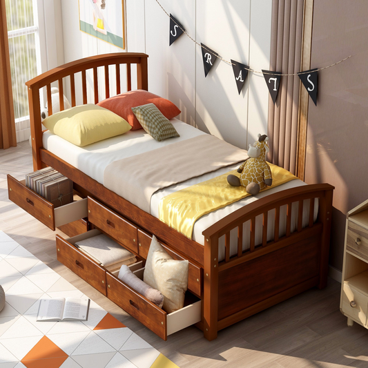 Twin Size Platform Storage Bed Solid Wood Bed with 6 Drawers