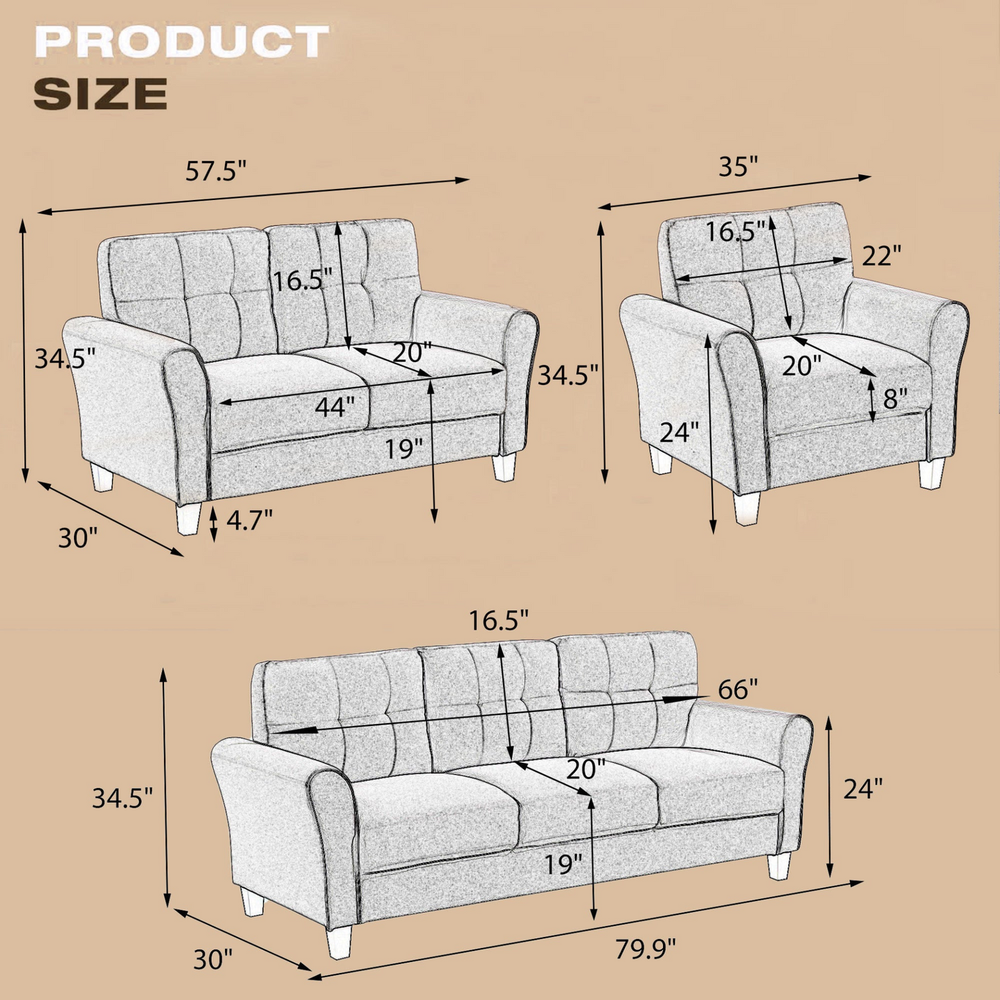 Modern Living Room Sofa Set Linen Upholstered Couch Furniture for Home or Office ,Light Grey-Blue,1+3-Seat