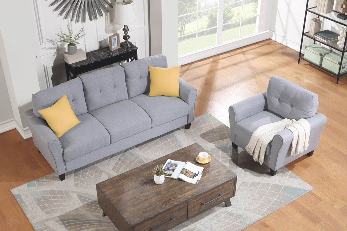 Modern Living Room Sofa Set Linen Upholstered Couch Furniture for Home or Office ,Light Grey-Blue,1+3-Seat