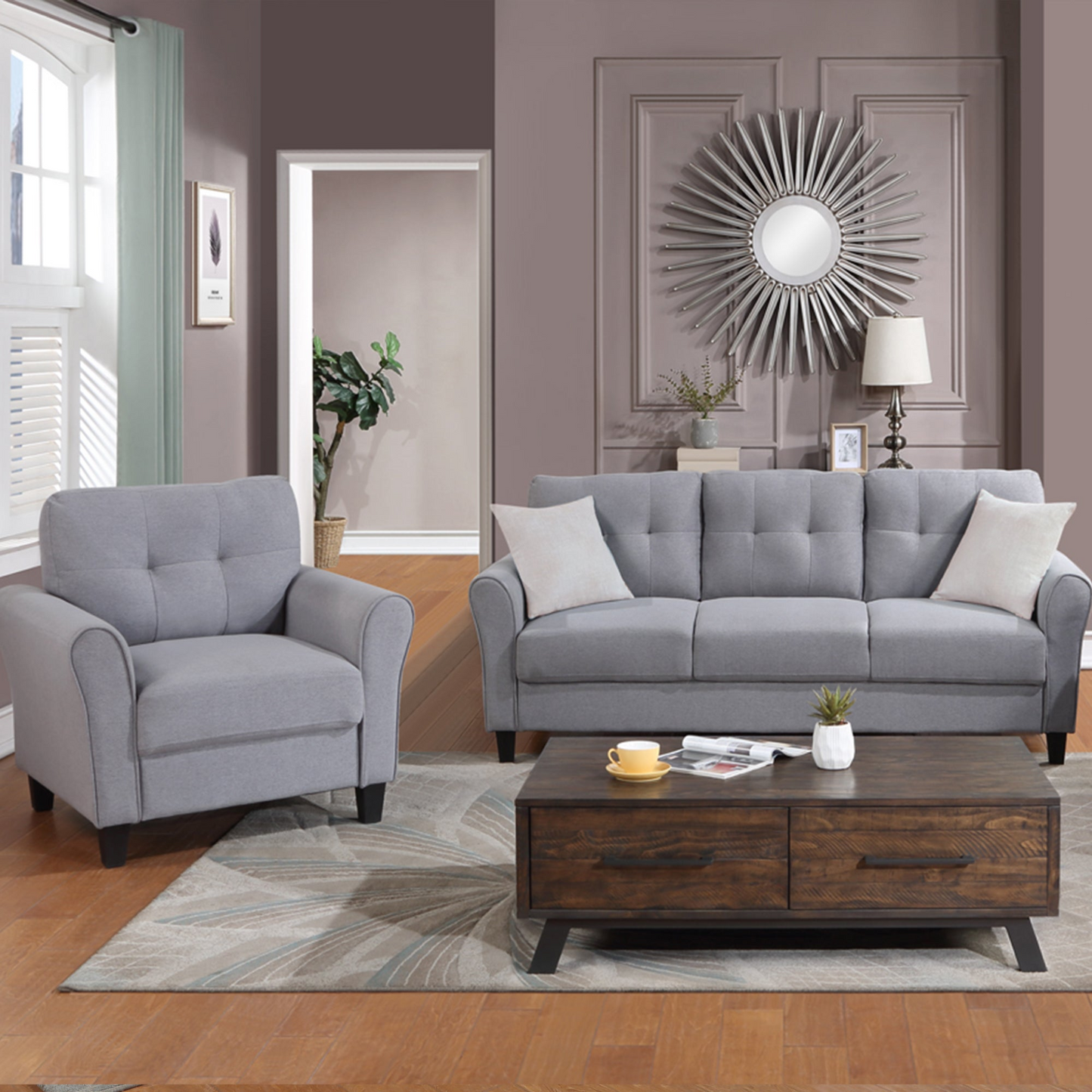 Modern Living Room Sofa Set Linen Upholstered Couch Furniture for Home or Office ,Light Grey-Blue,1+3-Seat