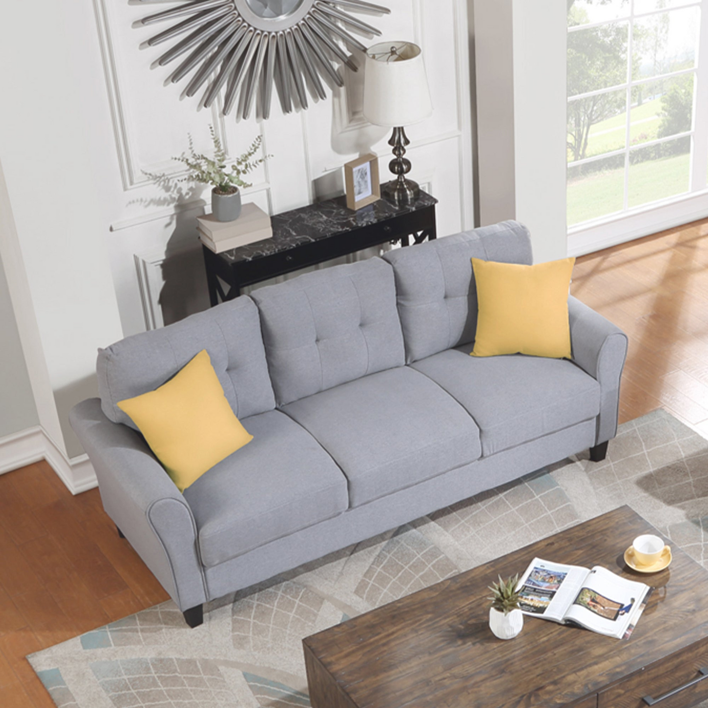 Modern Living Room Sofa Set Linen Upholstered Couch Furniture for Home or Office ,Light Grey-Blue,1+3-Seat